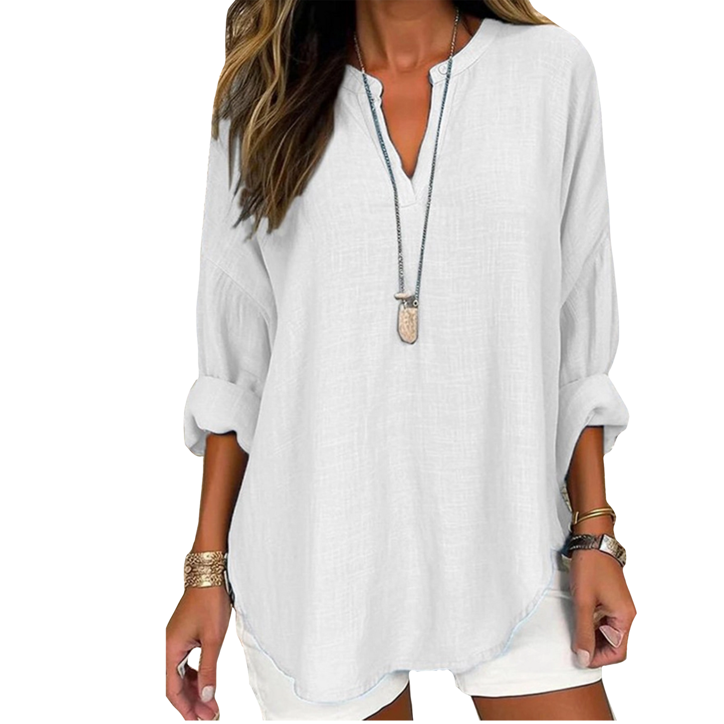 V Neck Cotton and Linen Shirt