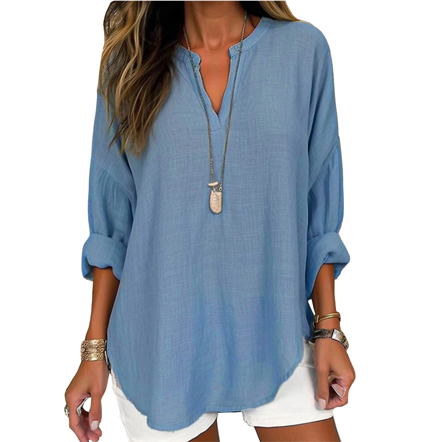 V Neck Cotton and Linen Shirt