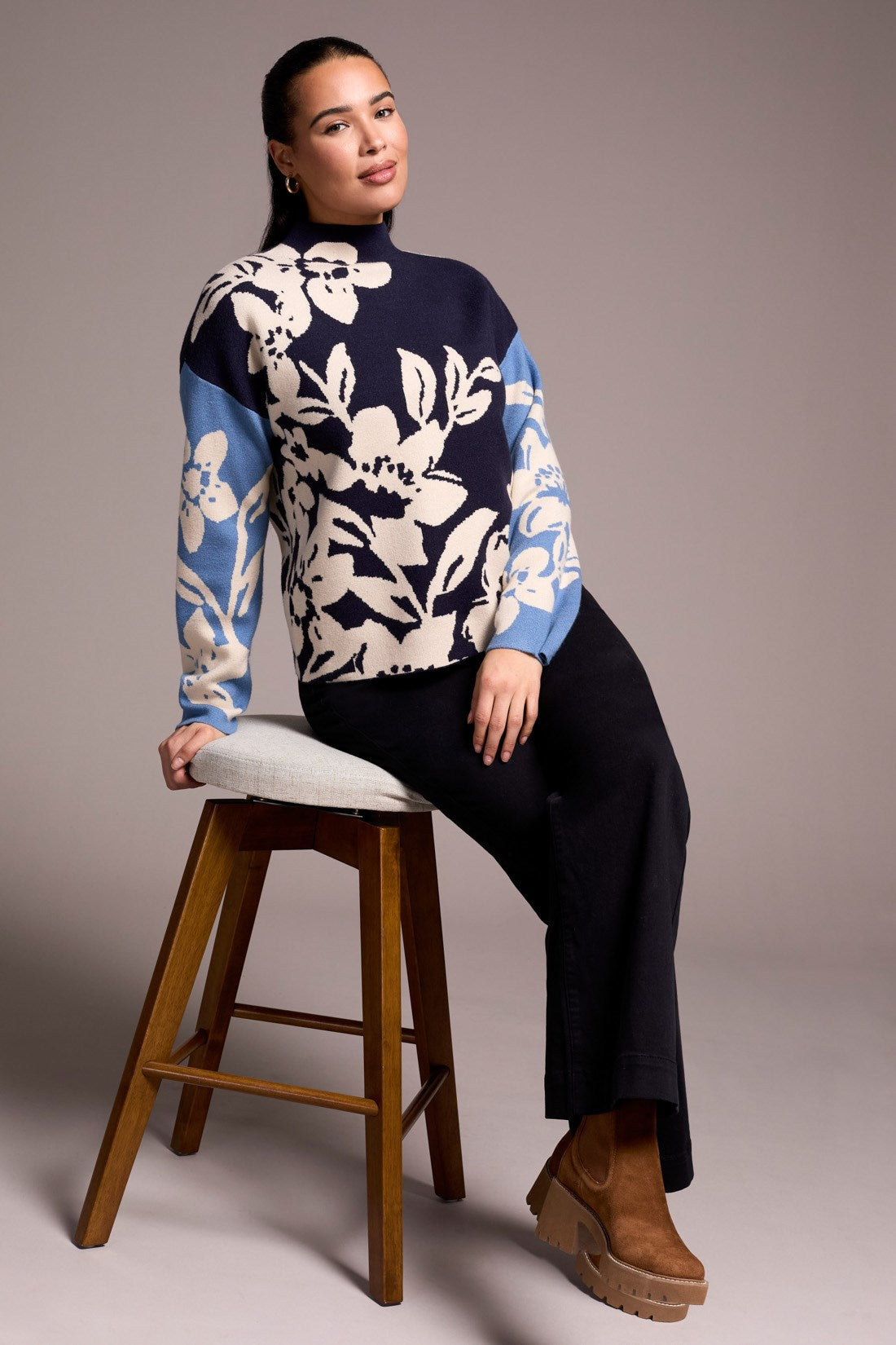 Tribal 1542O Knit Jacquard Funnel Neck Sweater