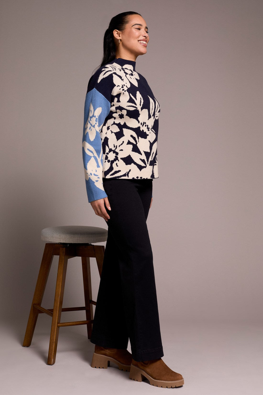 Tribal 1542O Knit Jacquard Funnel Neck Sweater