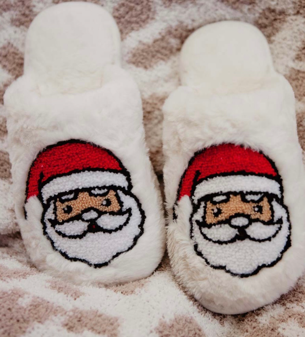 Katydid Christmas Santa Face Cozy Rabbit Fur Slippers