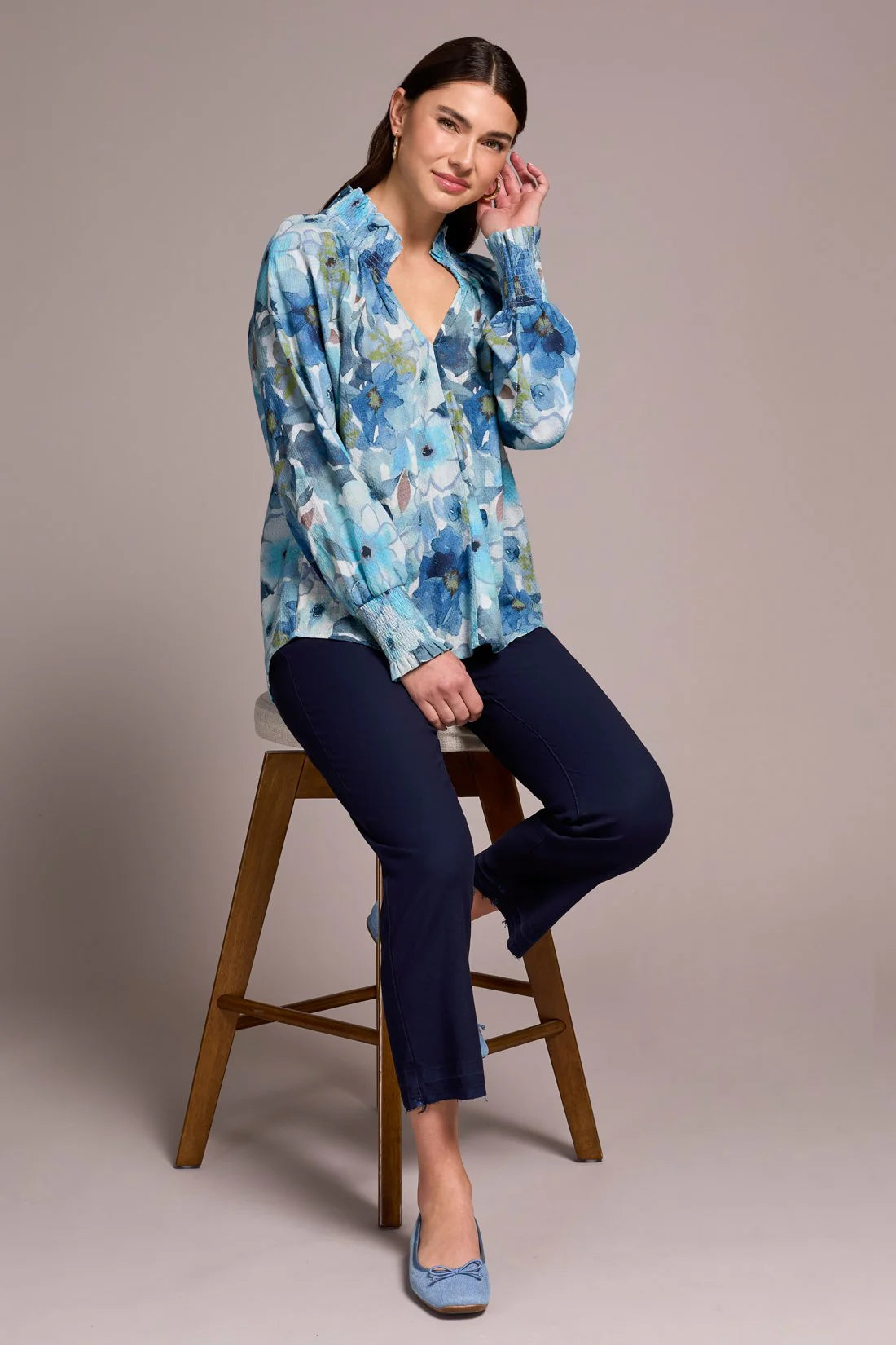 Tribal Printed Textured Cotton Smocked V-Neck Blouse