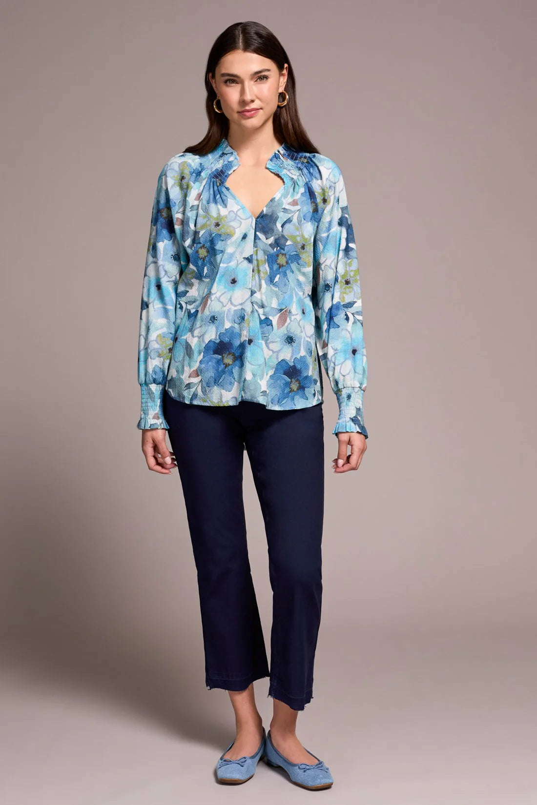 Tribal Printed Textured Cotton Smocked V-Neck Blouse