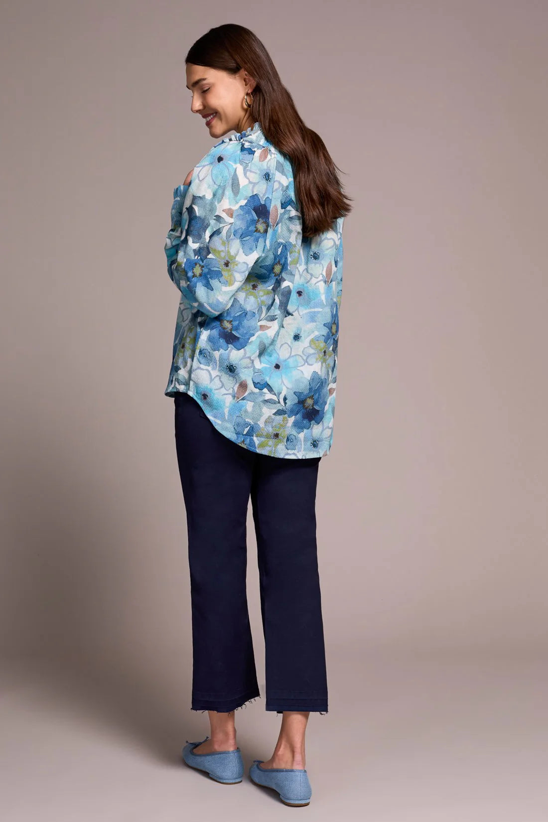 Tribal Printed Textured Cotton Smocked V-Neck Blouse