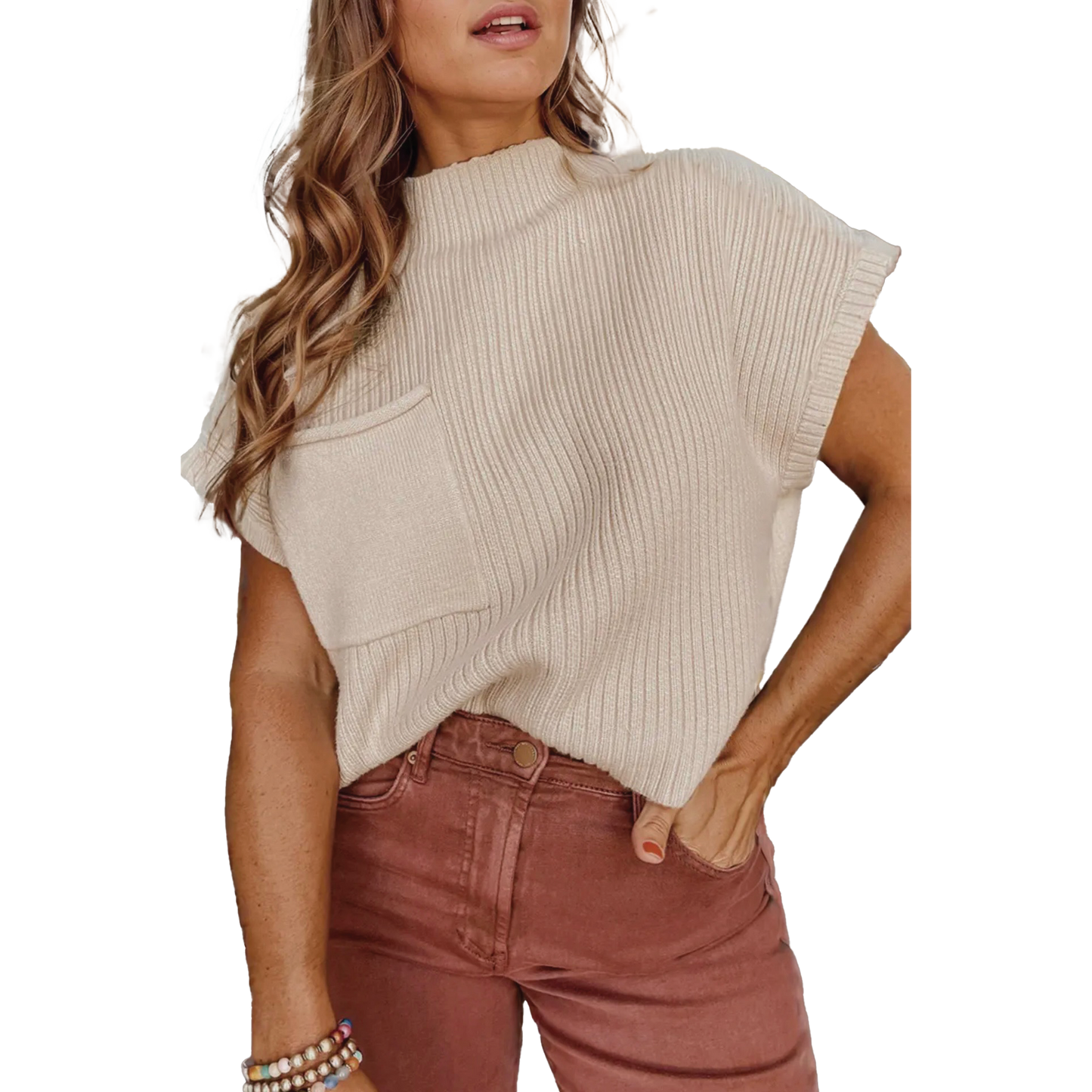 Patch Pocket Ribbed Knit Sweater Top