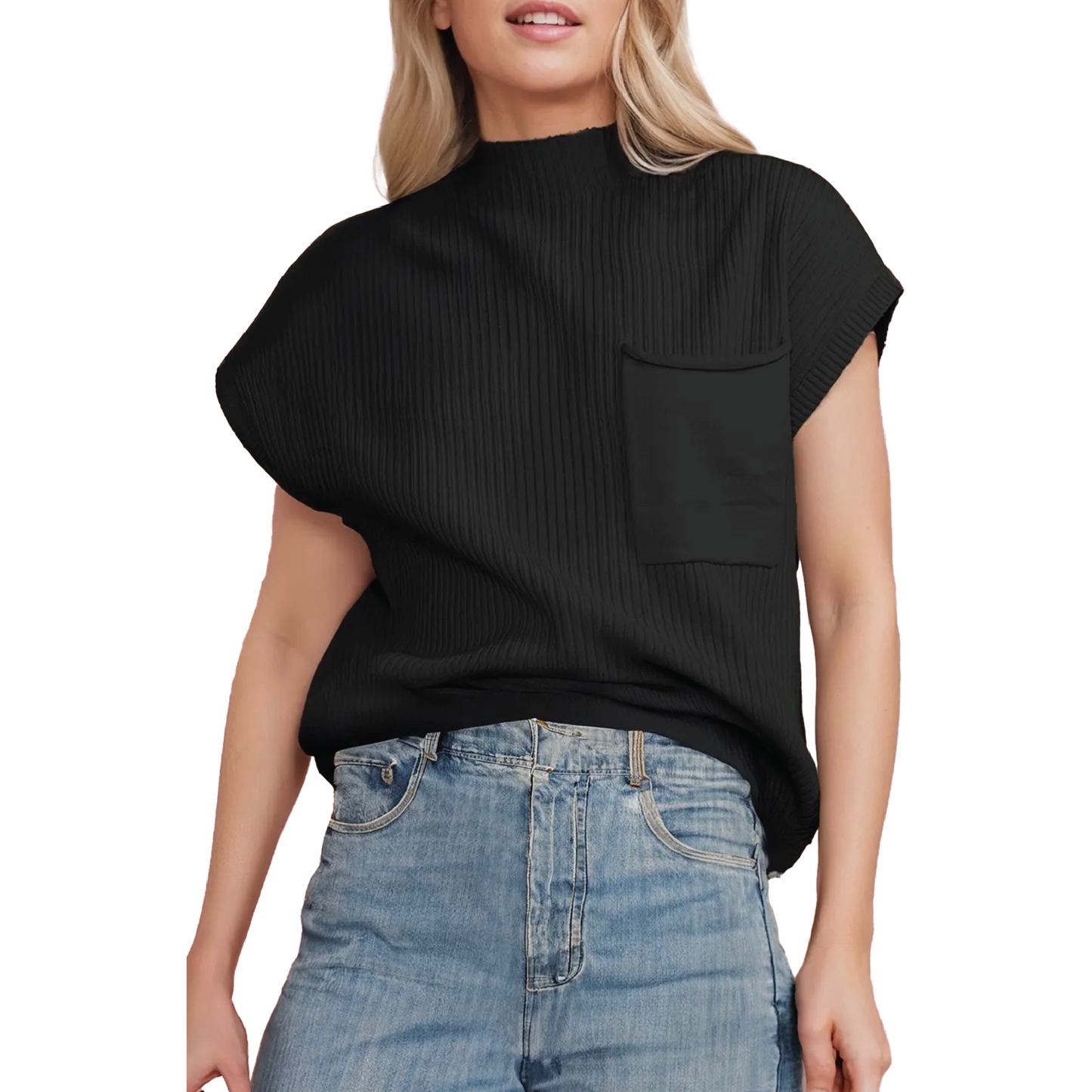 Patch Pocket Ribbed Knit Sweater Top