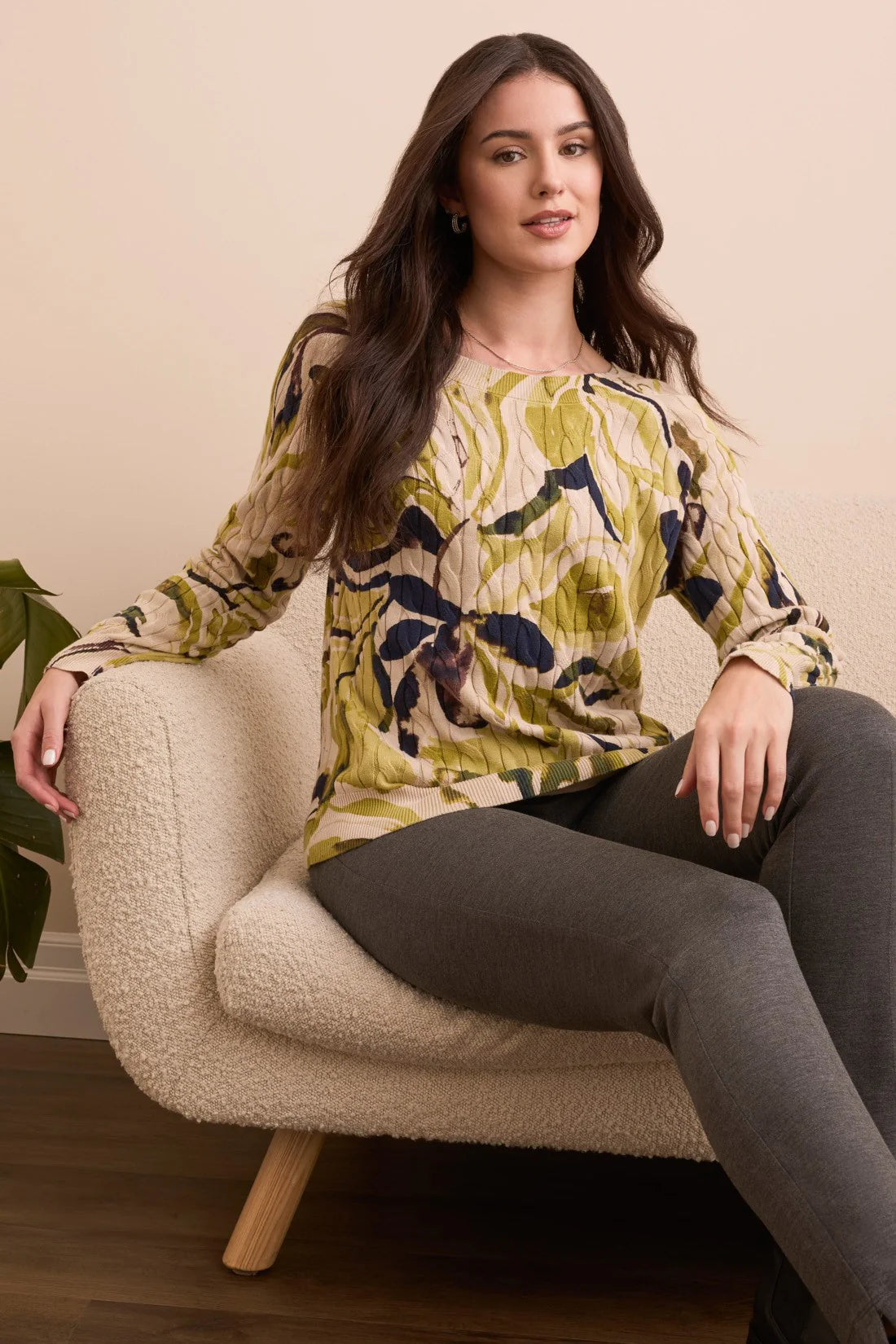 Tribal Printed Cable Cotton Crew Neck Sweater