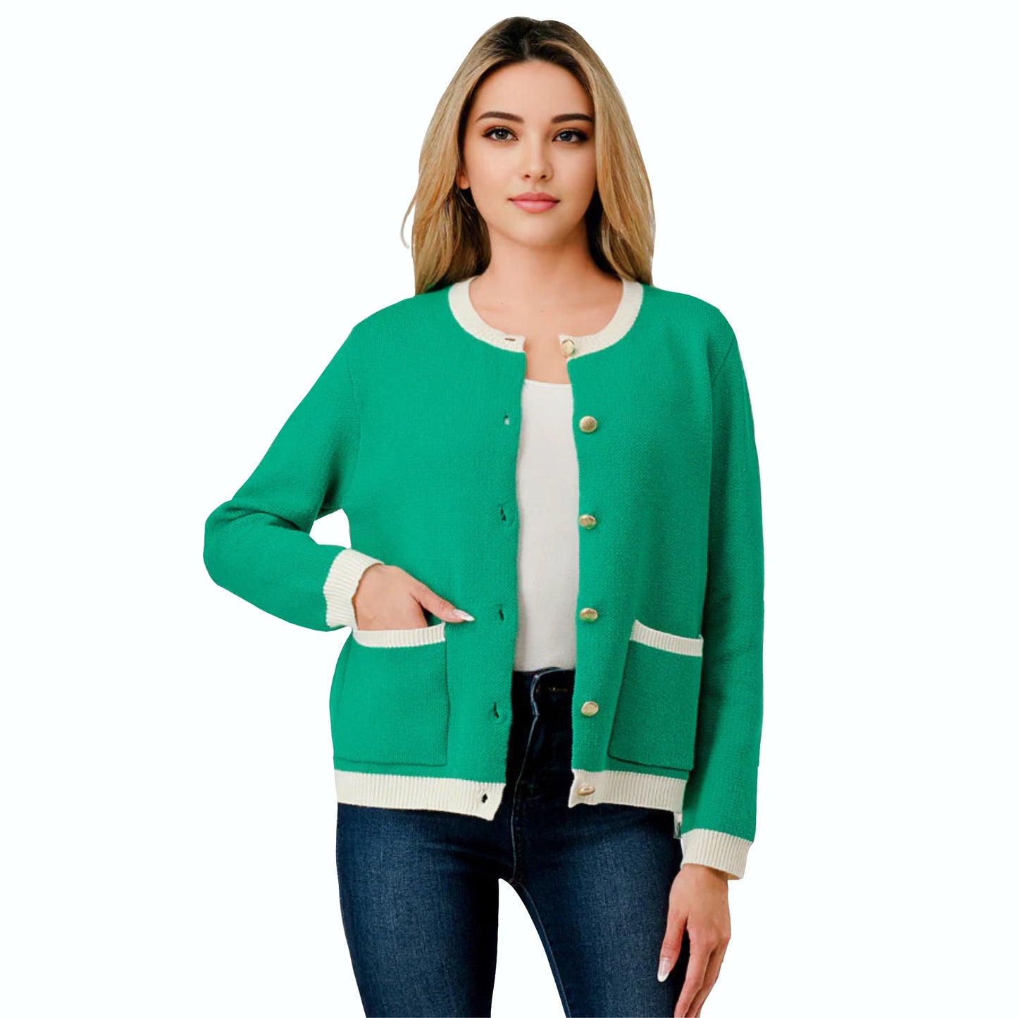 Green Cardigan with Gold Buttons