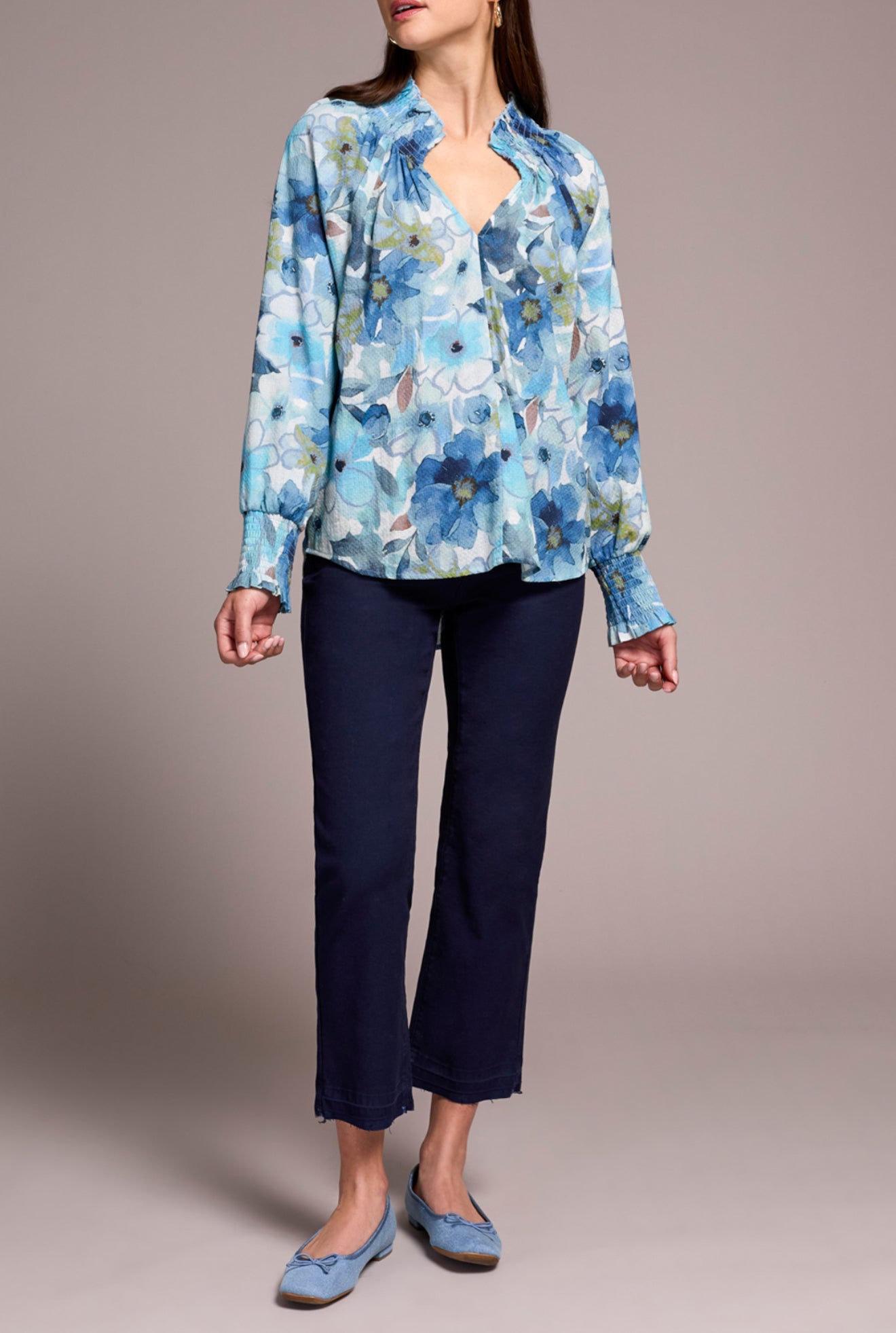 Tribal Printed Textured Cotton Smocked V-Neck Blouse