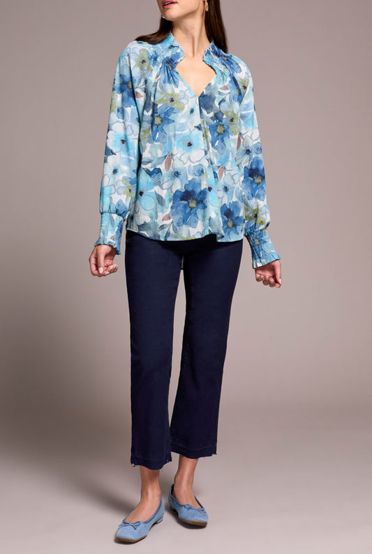 Tribal Printed Textured Cotton Smocked V-Neck Blouse