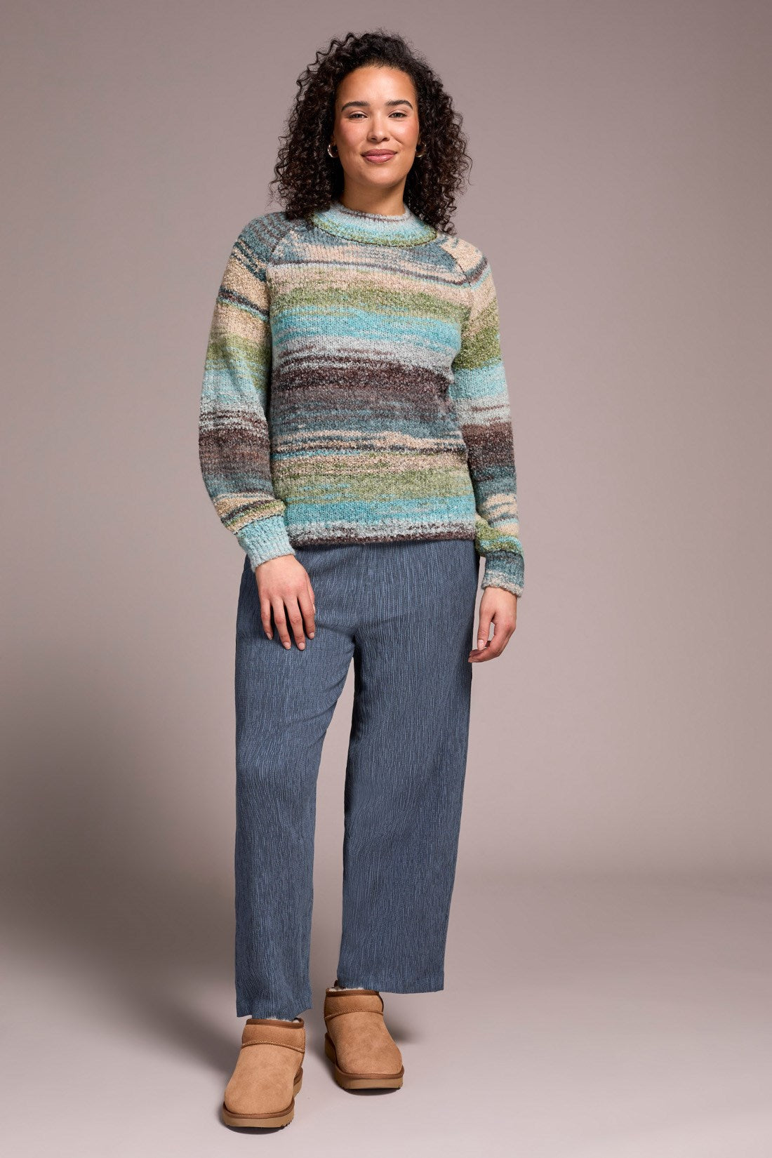 Tribal Boucle Yarn Mock Neck Puff Sleeve Sweater