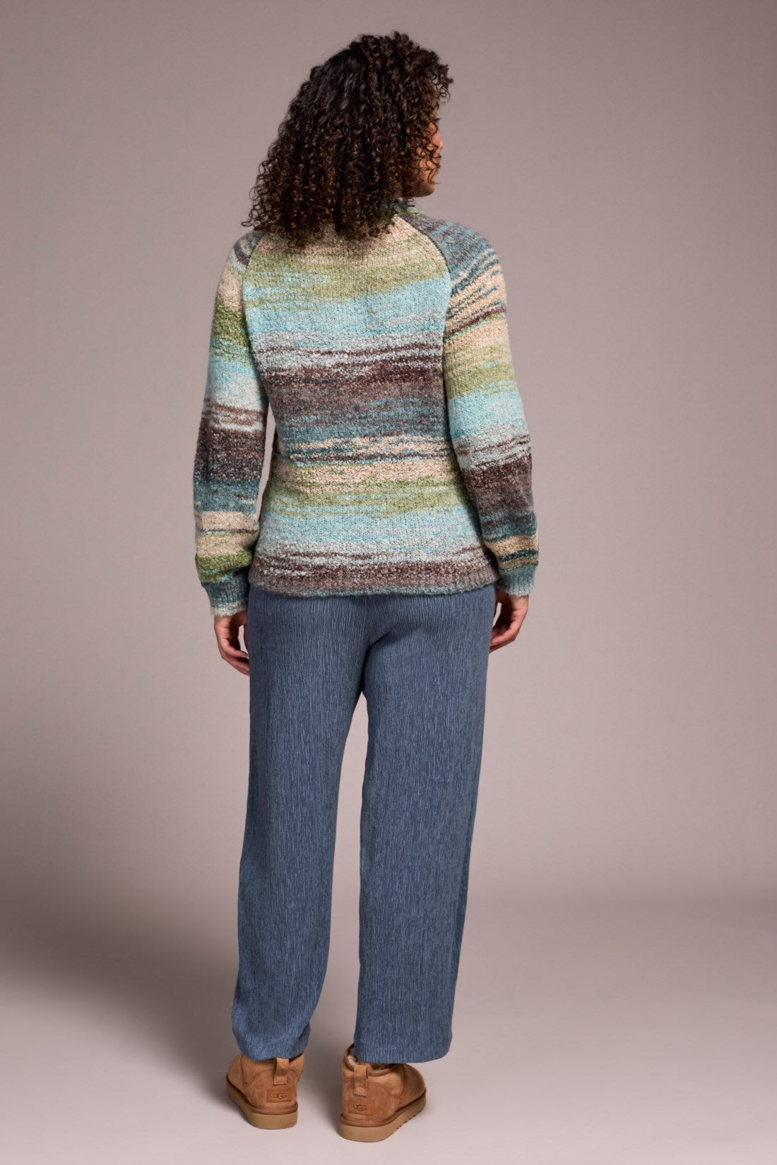 Tribal Boucle Yarn Mock Neck Puff Sleeve Sweater