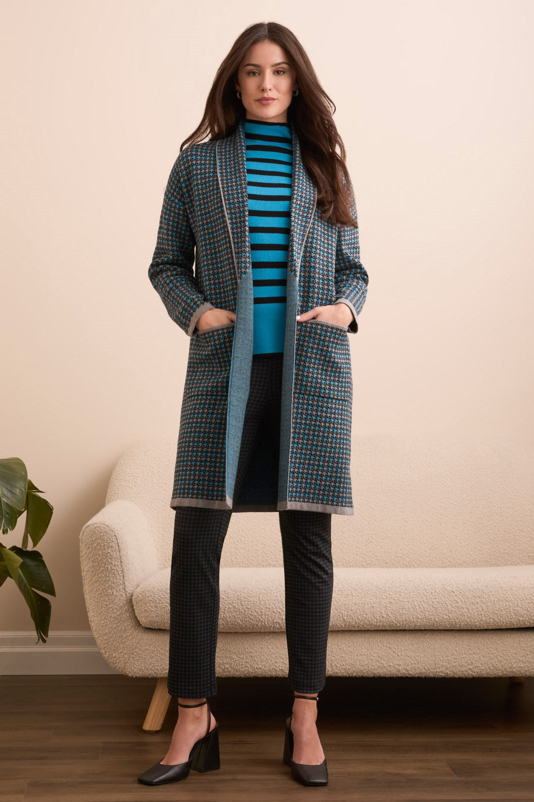 Tribal 1523O Double Knit Long Plaid Coatigan