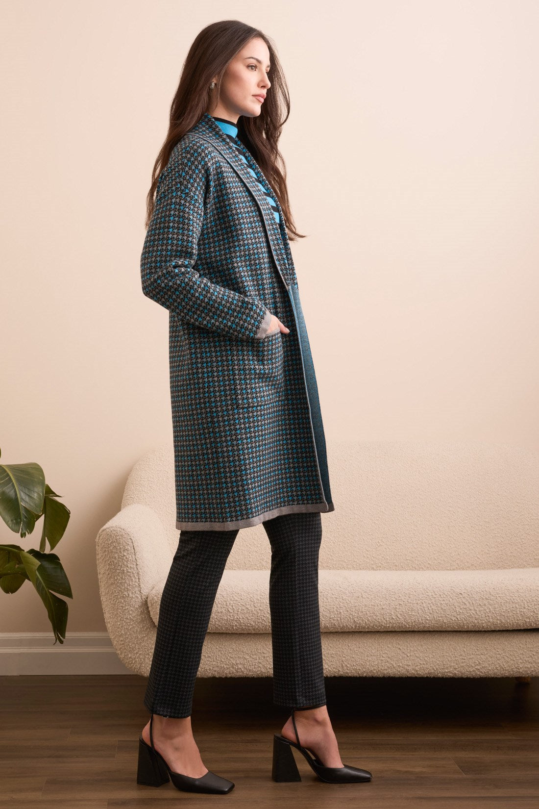 Tribal 1523O Double Knit Long Plaid Coatigan