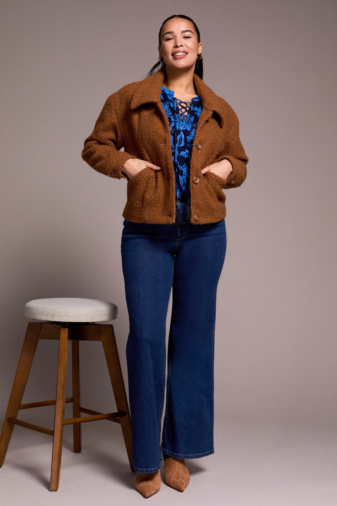 Tribal Soft Boucle Button-Front Bomber Jacket