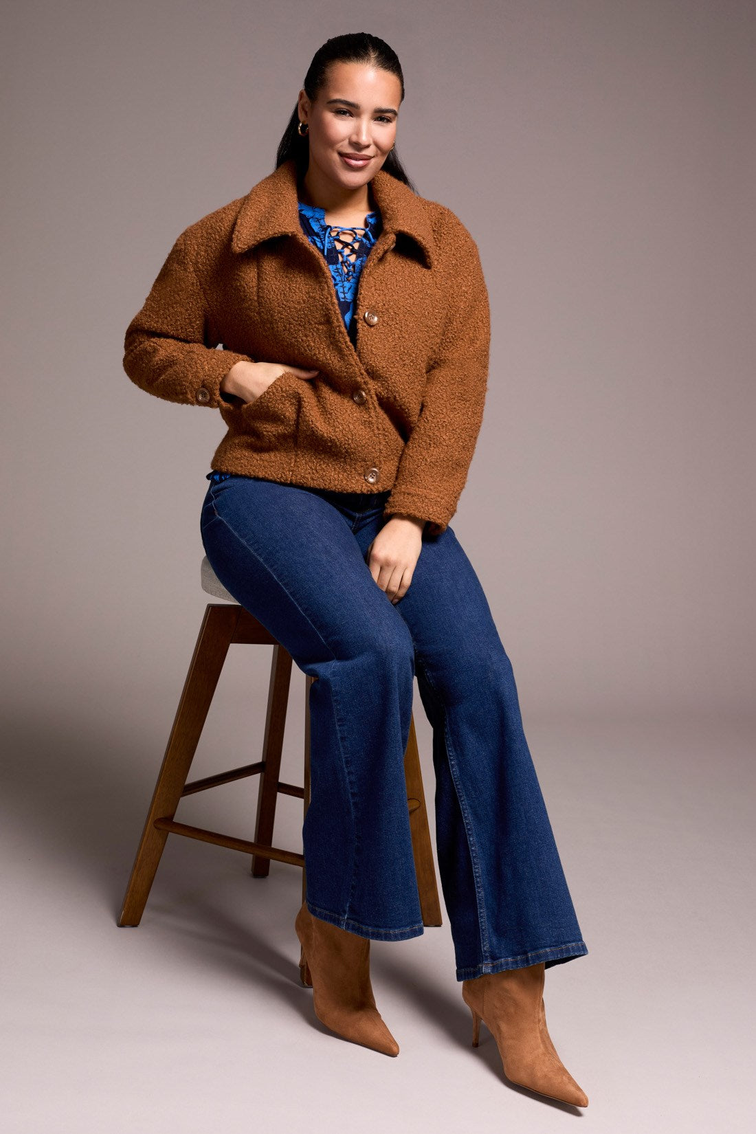 Tribal Soft Boucle Button-Front Bomber Jacket