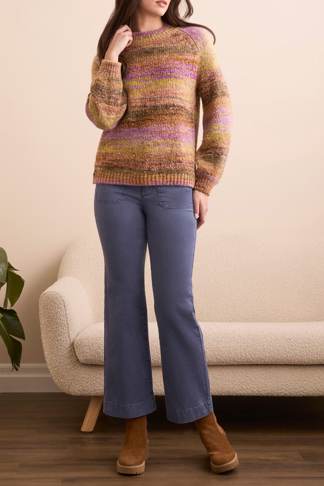 Tribal Boucle Yarn Mock Neck Puff Sleeve Sweater